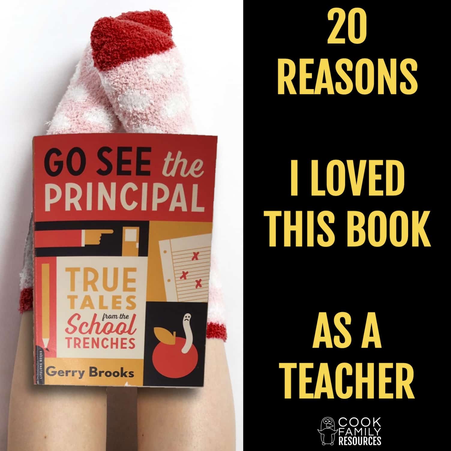 picture of two legs with comfortable fuzzy socks and the book "Go See The Principal" text reads 20 Reasons I Loved This Book As A Teacher